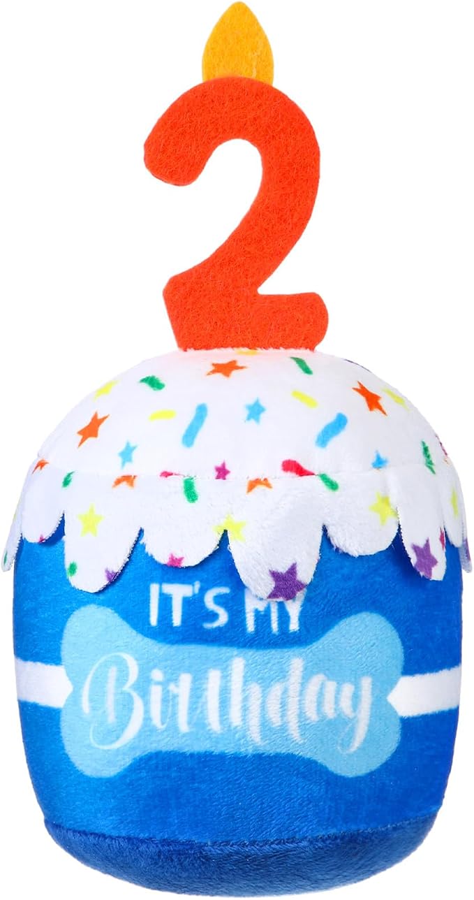 Dansydaisy Dog Birthday Cake Toy Squeaky Plush Toy for Girl Boy Gifts, Chew Accessories for Dog Birthday Party Decor Favor for Large, Medium and Small Dogs(2nd,Blue)
