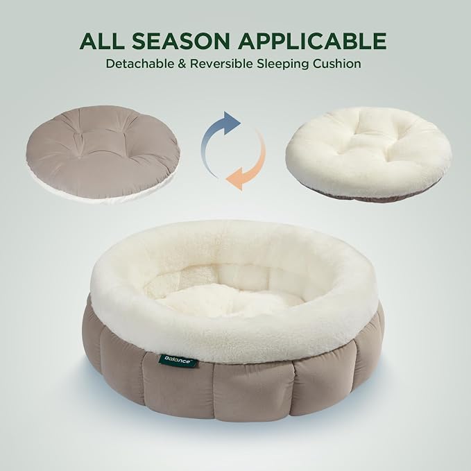 BALANCE Cat Beds for Indoor Cats, Washable Round Cat Bed, Cute Kitten Bed with Anti-Slip Bottom for Kitty and Puppy, 18 Inches, Goat
