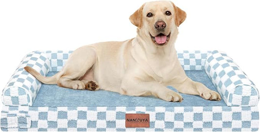 NANUYA Orthopedic Dog Bed for Large Dogs, 38 x 25 Inch, Blue Grid | Egg crate foam for joint support, 3-sided bolster pet sofa, waterproof lining, washable cover, and non-skid base