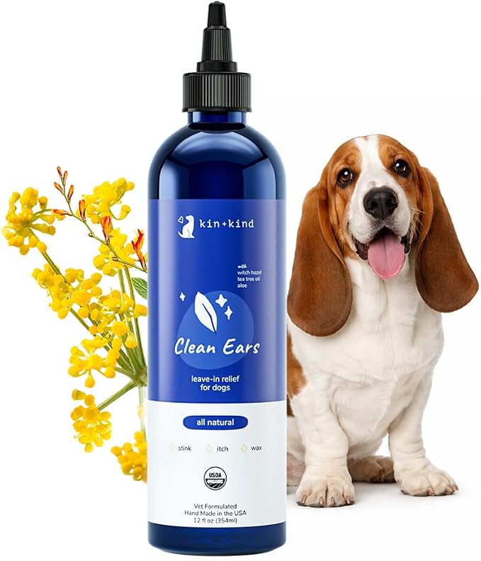 kin+kind Clean Ears - Natural Leave-in, No-Rinse Dog Ear Cleaner Solution - USDA Organic, Non-Greasy - 12 fl oz