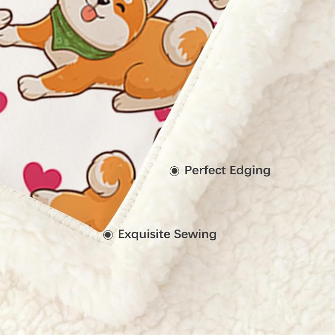 BlessLiving Cute Watercolor Dogs Pattern Fleece Blanket Shiba Inu Puppy Sherpa Reversible Throw Animal Print Plush Blanket (Twin, 60 x 80 Inches)