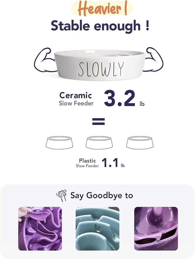 LE TAUCI PET Ceramic Slow Feeder Dog Bowls Small Breed, 0.6 Cups Dog Food Dish for Fast Eaters, Puzzle Bowl for Small Dogs and Cats,White