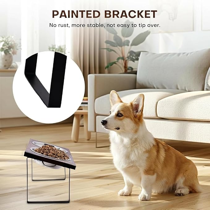 Elevated Dog Bowl Stand for Medium and Large Dogs, MDF Raised Dog Feeder with 2 Stainless Steel Bowls, Tilted Dog Food and Water Dish Set, Wooden Pet Feeding Station (Black)