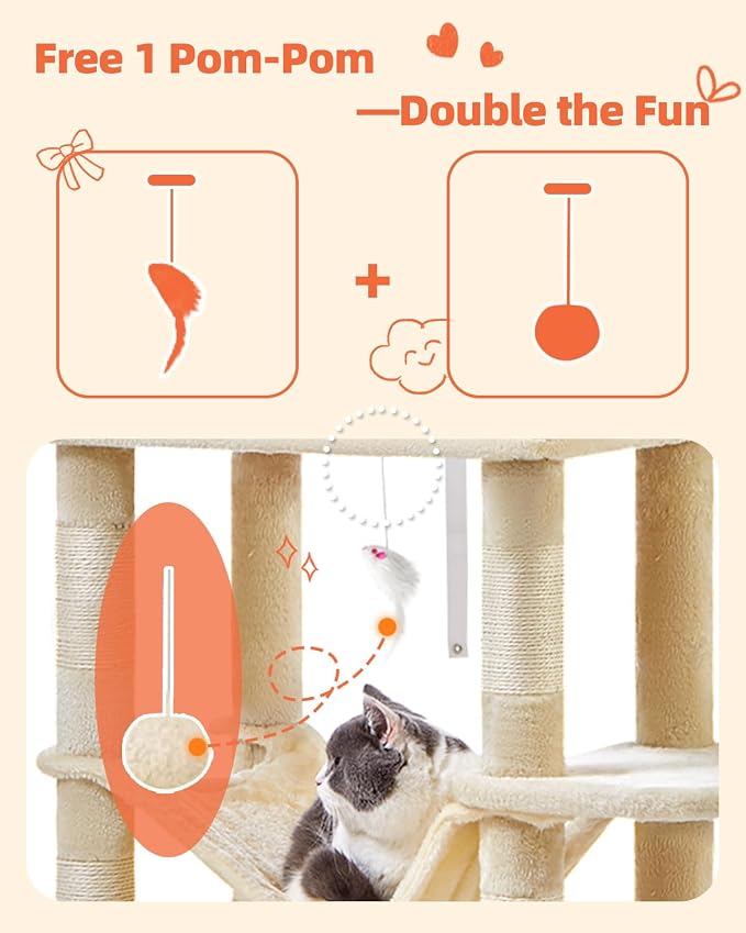 Taoqimiao Cat Tree, 67 in Tall Cat Tower with 2 Plush Cat Condos | 7 Scratching Posts, 2 Top Perches, Cozy Hammock & Basket, Indoor Cats, 2 Pompoms & Mouse Toy, Beige, MS013M