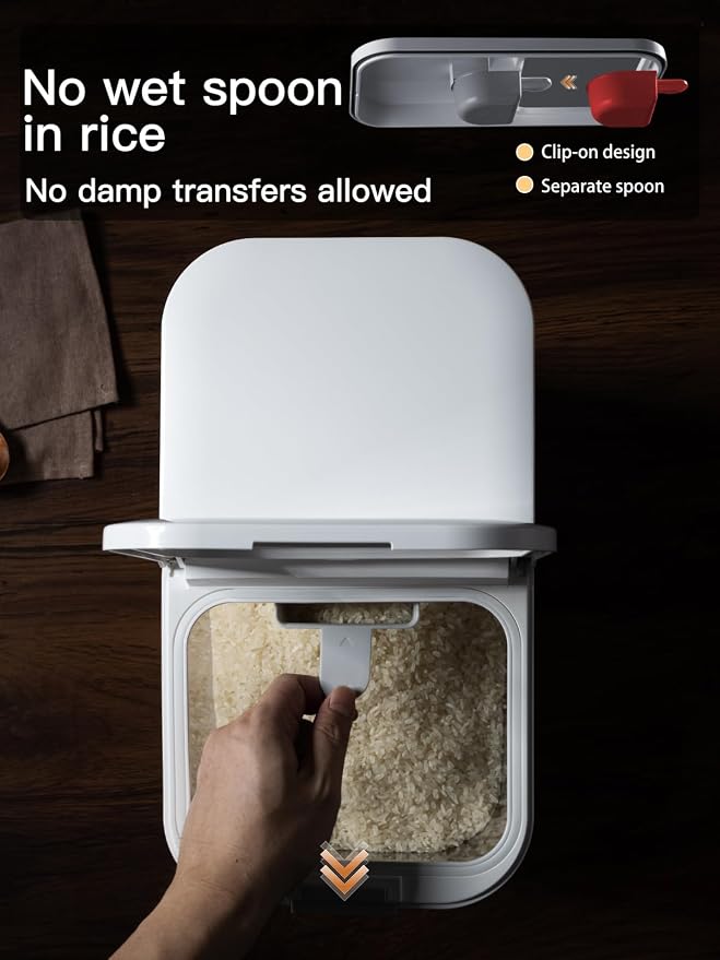 LivLab Mker 20-25 lbs Rice Dispenser with measuring spoon - Rice Container | 11.4Qt/12L Large Airtight Food Storage Rice Container for Cereal, Flour - BPA-Free PET, Slim Space-Saving