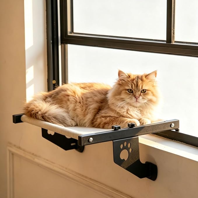 NFMOD 2-in-1 Suction & Hook Cat Window Perch Metal Hammock for Large Cat | heavy metal frame holds 30lbs,no-drill damage-free setup,wide sunbathing platform,detachable machine washable fabric cushion