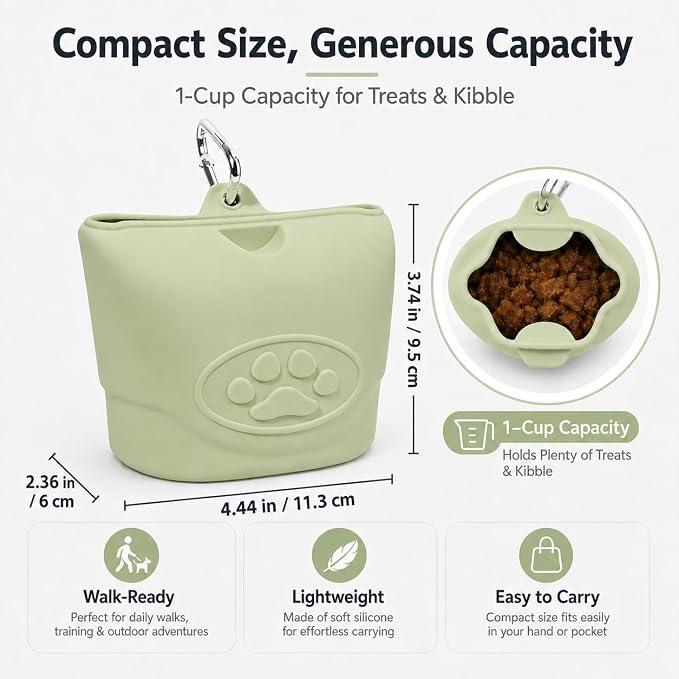 Upgraded Dog Treat Pouch with Strong Magnetic Closure - Small Silicone Training Bag, Waist-Mounted Clip & Leash Carabiner, Airtight Portable Treat Bag (Light Green)