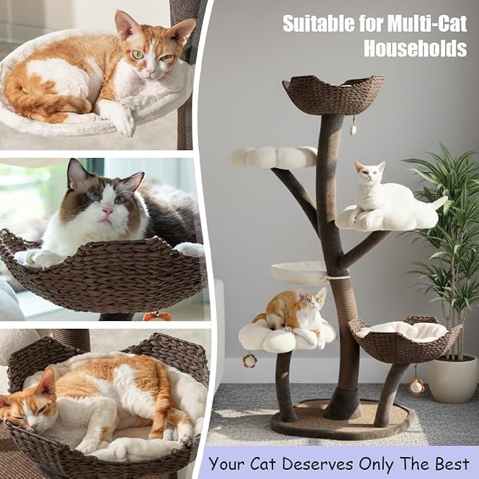 Catry Floral Large Cat Tree with Handcrafted Basket Beds & Flower Perches | Handwoven Baskets Beds with Washable Pads, Durable Iron Frame, Replaceable Flower Perches & 1 Hammock for Multi-Cat Homes