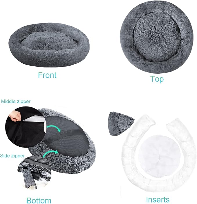 SAVFOX 54 inches Calming Donut Dog Bed - 3X Durable Plush Faux Fur, Machine Washable & Non-Slip, Fits up to 210 lbs, Removable Cover, Dark Grey