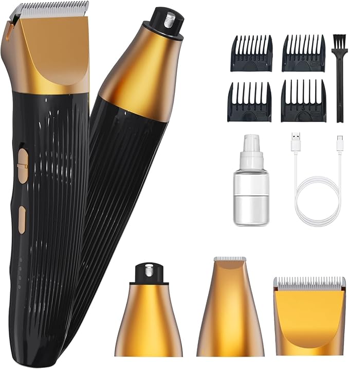 3-in-1Dog Hair Clippers Grooming Kit with Paw Trimmer- Rechargeable Cordless Quiet Nail Grinder Shaver with 4 Guide Combs for Grooming Small Medium Pets on Body,Paws, Face, Ears (Black)