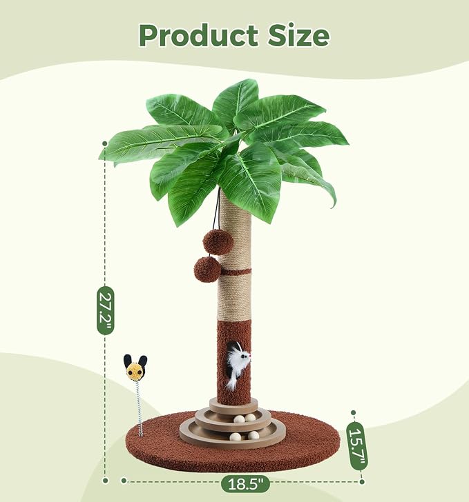 Made4Pets 27" Tall Cat Scratching Post with Sisal Rope, Interactive Hanging Balls, Toy Mouse and Two-Layer Ball Track Kitten Toys, Palm Tree Cat Scratcher Tower for Indoor Cats and Kittens