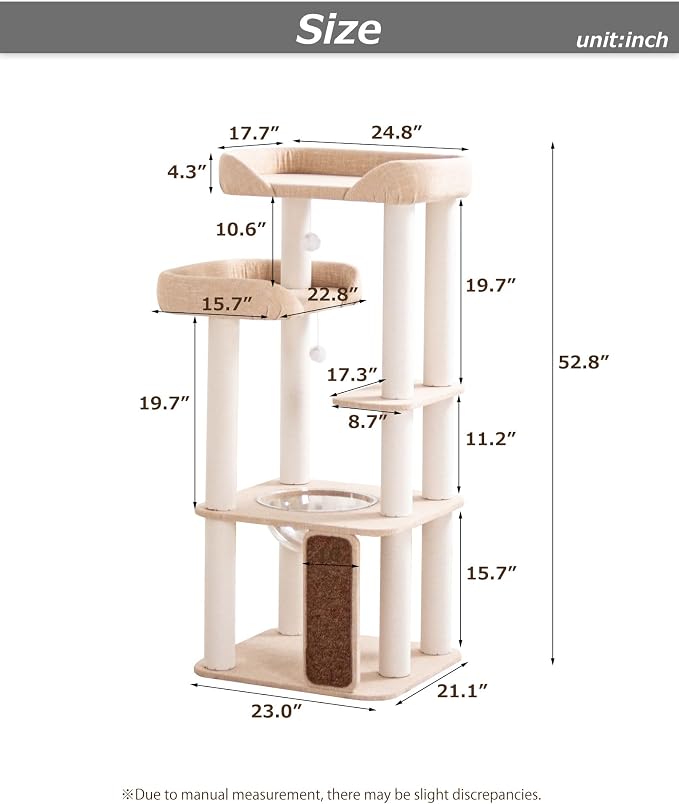 53'' Cat Tree for Large Cat, Modern Senior Friendly Cat Tower with Wide Shelves Low Step, Cotton Scratching Posts, Super Sturdy Base, Cozy Perches, and Interactive Toys (Ivory)