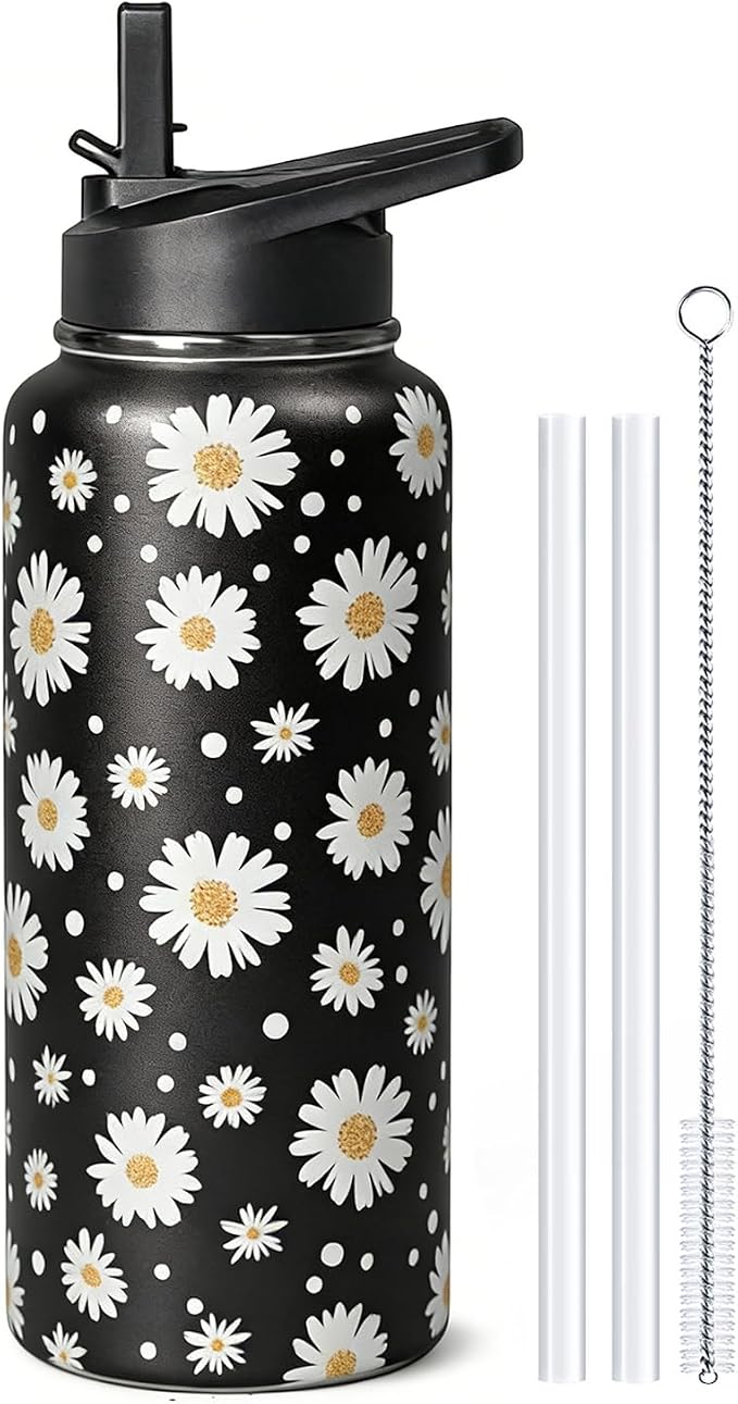 32 Oz Daisy Insulated Water Bottle with Straw Gym Hiking Sports Coffee Mug Cup, Daisy Gifts for Women, Daisy Decor Stuff Accessories