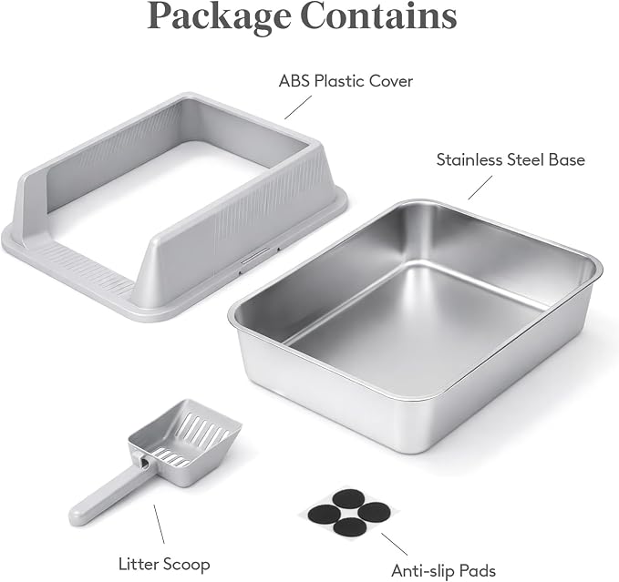 Lifewit Small Stainless Steel Cat Litter Box, Metal Kitty Litter Tray with Non-Slip Pads, Anti-Leakage Top Entry and High Sided, Grey