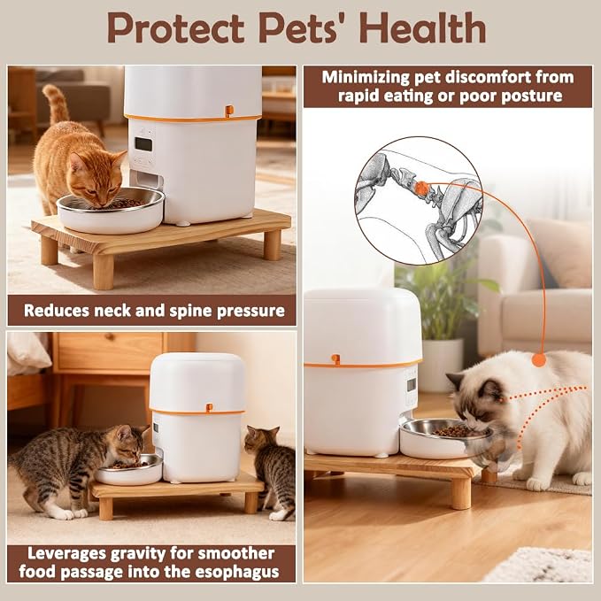 SZEE Cat Food Stand for Automatic Feeder & Tradition Bowls, Elevated Cat Food Table Station, Raises Feeder/Bowl by 2 3/8", Premium Solid Wood Material, Relieves Spine and Joints Noticeably on Pets