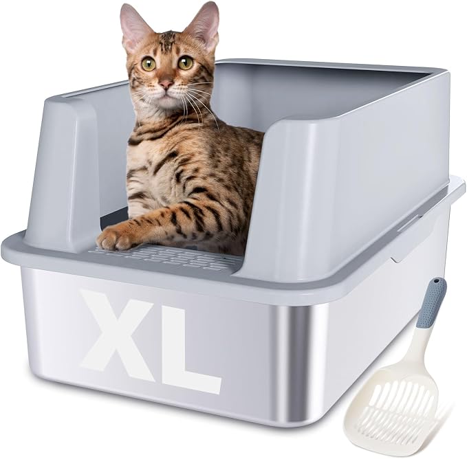 Stainless Steel Litter Box, XL Extra Large High Sided Metal Cat Litter Box with Lid and Scooper, Easy Clean, Non Stick & No Smell-23"x15"x10"
