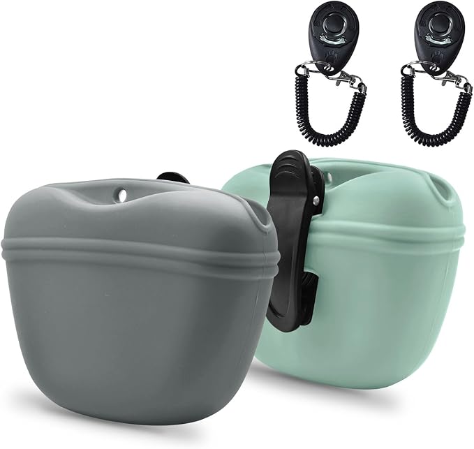 AUDWUD Silicone Dog Treat Pouch with Clicker Magnetic Closure Secure Clip | Upgraded clip keeps your treat pouch secure during training.Magnetic closure allows fast one hand access.Includes dog click