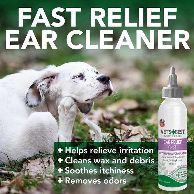 Vet's Best Dog Ear Cleaner Kit - Multi-Symptom Ear Relief - Wash & Dry Treatment - Alcohol-free | Ear Cleaning Kit, Wash & Dry Formula, Alcohol-Free Ear Care, Helps Remove Wax, Debris & Control Odors