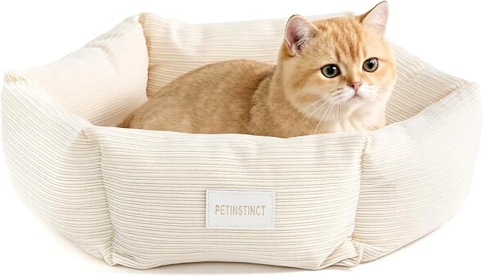 Cat Bed, 22 Inch Washable Corduroy Cat and Small Dog Bed with Removable Cover & Anti-Slip Bottom, Calming Comfort Pet Bed for Pets up to 15 lbs (Cream White)