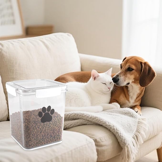 4L Dog Food Storage Container,Airtight Pet Food Storage Containers with Buckle-Lock Lids & Spoon,Plastic Cat Food Bin BPA Free,Dog Treat Container for Dog, Cat, Bird Seed - Bright White