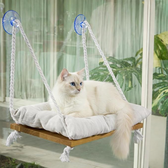 Cat Window Perch, Indoor Hammock Bed with Solid Pine Wood, 4 Industrial-Grade Suction Cups, Window Hammock with Soft Cushion for Cats, Space Saving Design