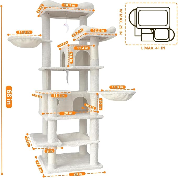 Beige 68 Inches Multi-Level Large and Tall Cat Tree Tower for Indoor Cats/Removable Pad/Cat Condo/Sisal Scratching Posts/Hammock/Cat Activity Center/Wide Base,White