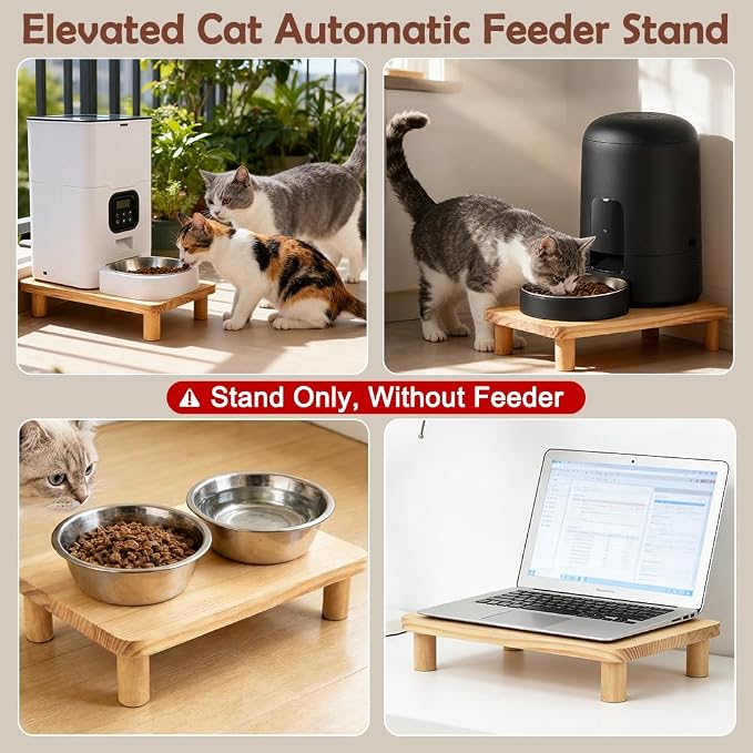 SZEE Cat Food Stand for Automatic Feeder & Tradition Bowls, Elevated Cat Food Table Station, Raises Feeder/Bowl by 2 3/8", Premium Solid Wood Material, Relieves Spine and Joints Noticeably on Pets