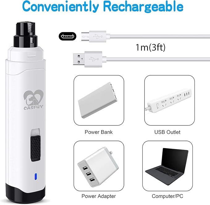 Casfuy Dog Nail Grinder Upgraded - Professional 2-Speed Whisper-Quiet Electric Pet Nail Trimmer Painless Paws Grooming & Smoothing for Small Medium Large Dogs & Cats (White)
