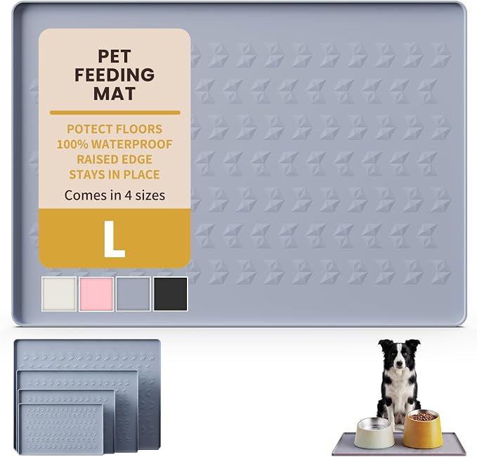 Silicone Pet Feeding Mat - 100% Waterproof Dog & Cat Bowl Pad with Raised Edges - Protects Floors from Messy Eaters & Spills - Anti-Slip, 100% PET-Safe, Dishwasher Safe (24"x16"x0.4", Grey)