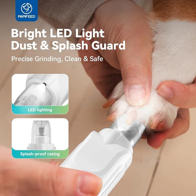 PAPIFEED Dog Nail Grinder, Pet Nail Grinder with 6 Speeds Quiet Motor, LED Light and Dust Collection, Rechargeable Dog Nail Trimmer for Small Medium Large Dogs Cats, Type-C Grooming Kit
