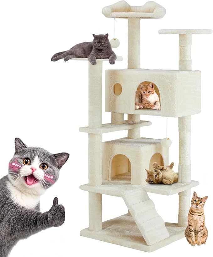 Cat Tree Tower for Indoor Cats, 54 Inches Multi-Level Activity Cat Tree with Sisal Scratching Posts Cat Play House Large Kitten Condo Funny Toys Climbing Ladder, Beige,Premium