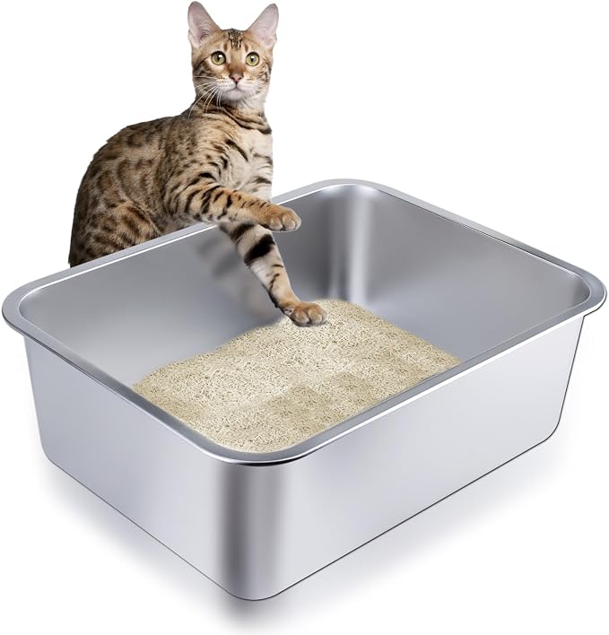 Stainless Steel Cat Litter Box - Small Litter Pan for Cats, Rabbits, and Pets, Non-Stick, Odor-Free, Easy to Clean, Splash-Proof, Sturdy and Durable(15.8" L x 11.8" W x 3.94" H)