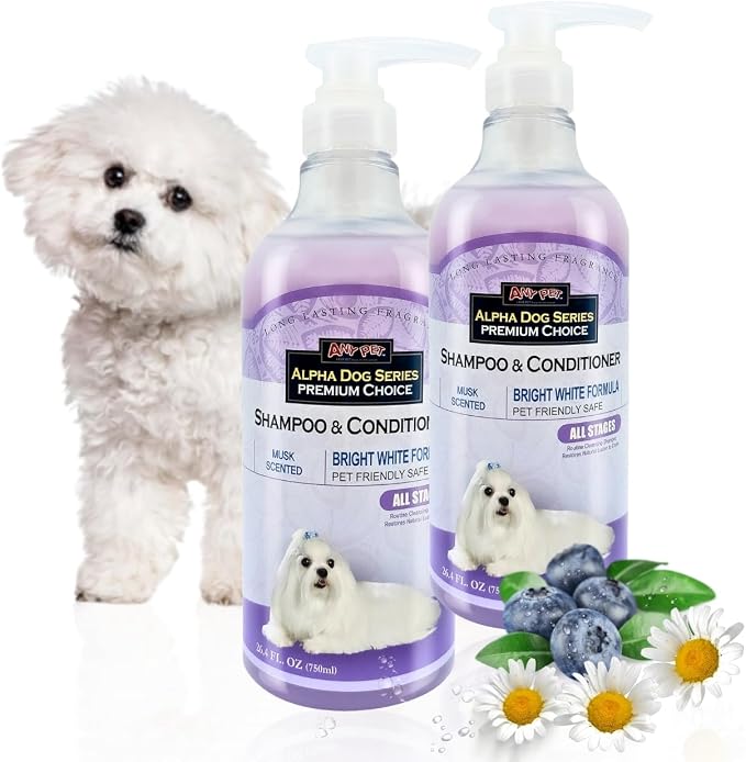 Bright White Natural Whitening Dog Shampoo and Conditioner for Dogs with Aloe Vera, pH Balanced Dog Shampoo and Conditioner Set, Tear-Free for Sensitive Skin 26.4 Oz (Pack of 2)