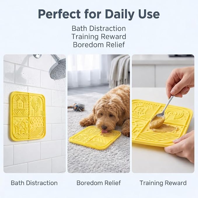 Dog Lick Mat with Suction Cups, 4-Texture Enrichment Slow Feeder for Dogs & Cats, Non-Slip Silicone Licking Pad for Anxiety Relief, Bathing & Training(Yellow)
