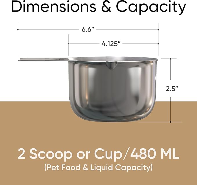 Color Up 2 Scoop (2 Cup / 480 ml) Stainless Steel Pet Food Measuring Scoop for Dogs, Cats, Rabbits & Birds – Dual Pour Spouts, Ergonomic Handle, Dishwasher Safe