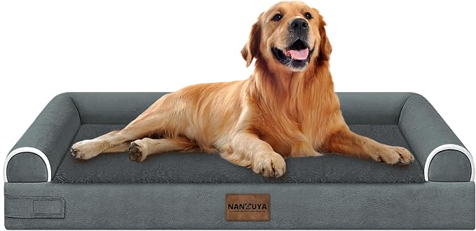 NANUYA Orthopedic Dog Bed for X-Large Dogs, 40 x 32 Inch, Dark Grey | Egg crate foam for joint support, 3-sided bolster pet sofa, waterproof lining, washable cover, and non-skid base