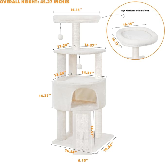 HUITREE 45in Cat Tree Tower with Big Condo for Indoor Kitten,Cat Tower with Scratching Post,Scratching Board and Cat Toys,Multi-Level,Small Space,Transformer Cat Tree, Beige(New)
