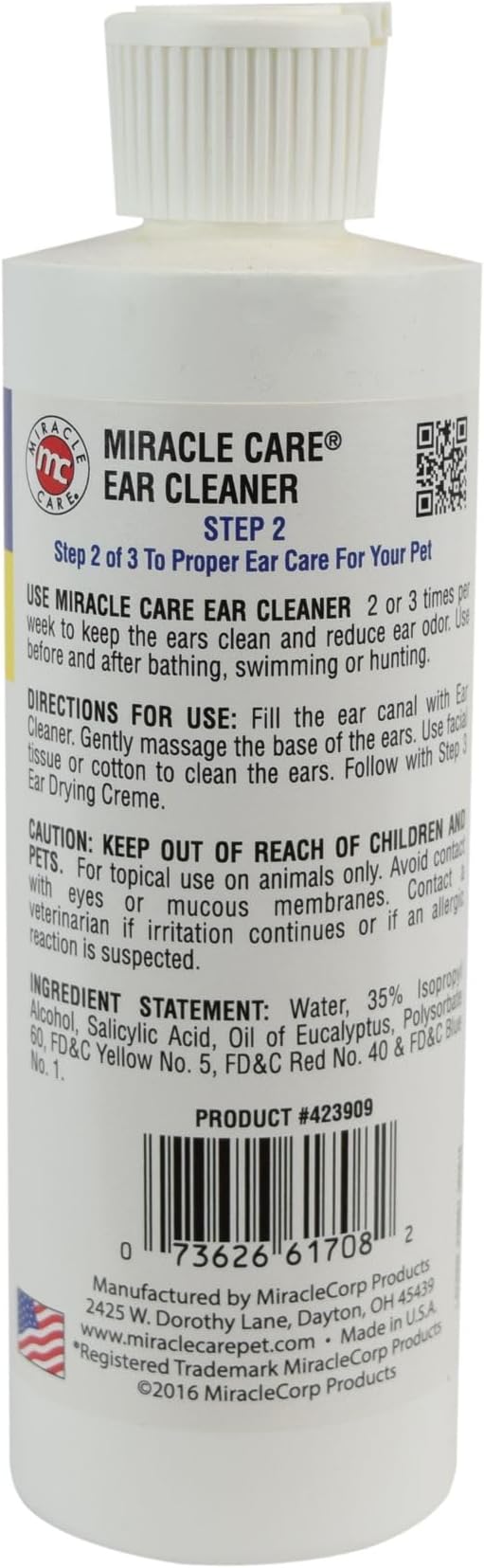 Miracle Care Ear Cleaner for Dogs and Cats, 8 Ounce | Remove Debris and Dirt, Reduce Ear Odor, Waxy Build Up, and Itching, Protect Against Ear Mites, Gentle and Non-Staining