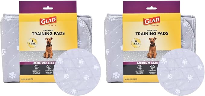 Glad for Pets Washable Dog Pee Pads, Medium, 24 x 36 Inch, 2 Count, Gray with Paw Prints, 3-Layer Leak Protection, No-Slip Vinyl Bottom, Reusable Puppy Training Pads (Pack of 2)