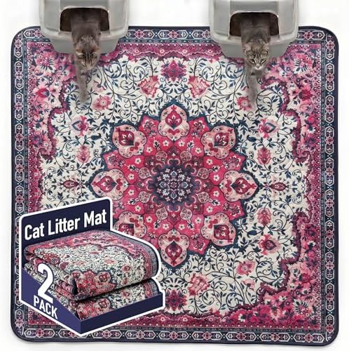 Hompet Cat Litter Mat 2 Pack, 72x72 Large Machine Washable Trapping Mats for Cats, Super Absorbent & Urine-Proof Cat Litter Box Mat for Floor, Waterproof & Non Slip Kitty Litter Rug