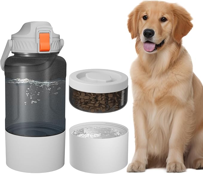 Cibaabo 53oz Large Dog Water Bottle with Water & Food Bowl, 3-in-1 Portable Pet Feeding & Hydration Dispenser for Large Dogs & Humans, Leak-Proof Tritan Bottle for Hiking, Camping, Walking, Car Trips