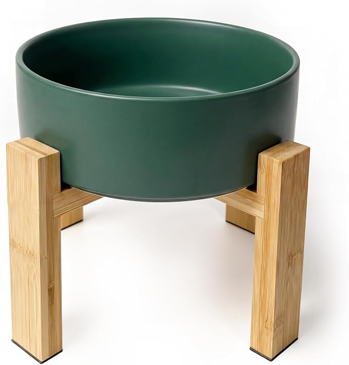 Elevated Ceramic Large Dog Bowl - Raised Dog Dish with Bamboo Stand - Heavy Weighted, No Tip Over, Comfortable Eating - 8.4" Diameter - 4.5 Cups - 68 fl oz - Green