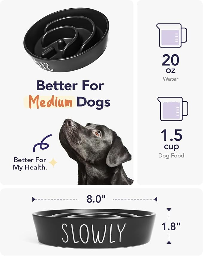 LE TAUCI PET Ceramic Slow Feeder Dog Bowl - 1.5 Cups Puzzle Feeder for Small & Medium Breeds, Maze Design Pet Dish for Puppy & Fast Eaters, Black Non-Slip Bowl to Control Eating Speed