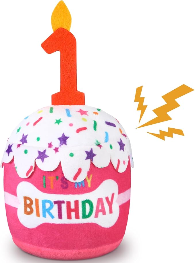 Dansydaisy Dog Birthday Cake Toy Accessories for Girl Boy Gifts, Squeaky Plush Toy for Dog Birthday Party Decor Favor for Large, Medium and Small Dogs(1st,Pink)