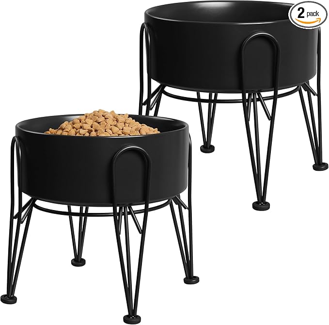Elevated Dog Bowls, Ceramic Raised Dog Bowl Set with Anti-Slip and Non-Tip Metal Stand, 2 Pack Pet Food and Water Feeding Bowls for Small and Medium Dogs (Black,7.6 Cups)