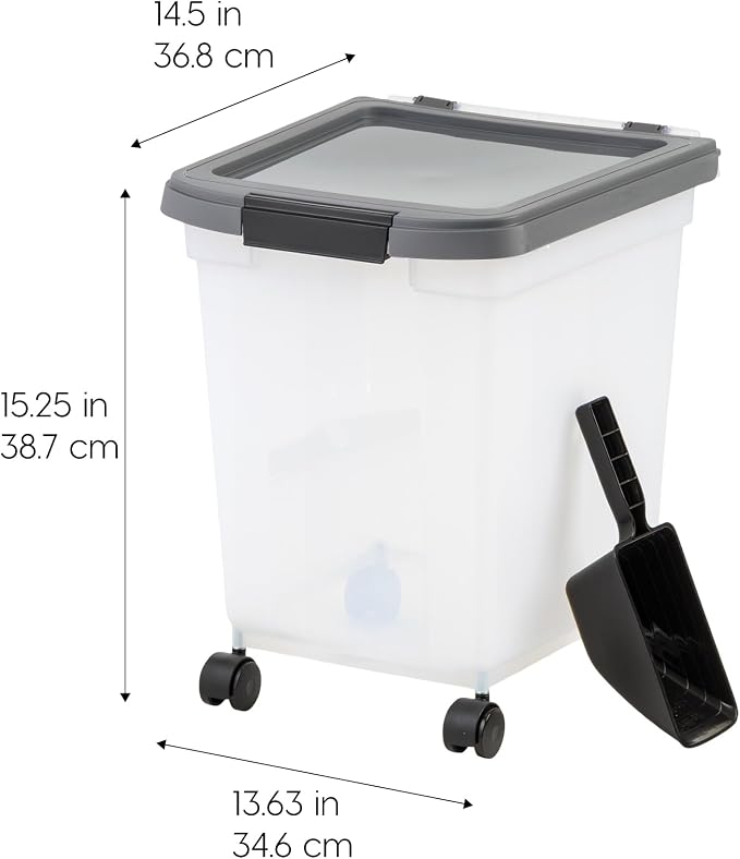 IRIS USA Airtight Dog Food Storage Container 25 lbs, Removable Wheels, for Dog Cat Bird and Other Pets, Food Storage Bin, Keep Fresh, Made in USA, Clear/Dark Gray