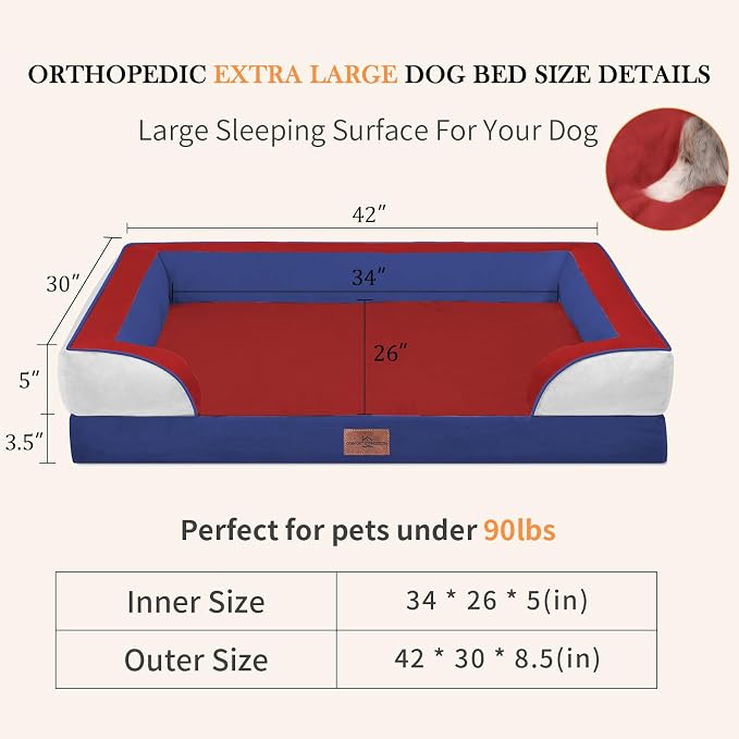 Comfort Expression Orthopedic Dog Bed for Extra Large Dogs with Bolster | Waterproof Dog Couch Bed with Washable Cover & Non-Slip Bottom, Supportive Egg Crate Foam XL Pet Bed, 42x30 Inch