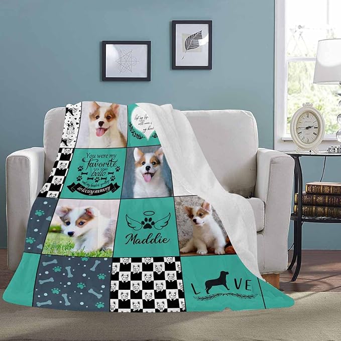 InterestPrint Dog Memory Blankets Personalized with Pictures and Name, Custom Blanket for Dogs, Personalized Fleece Blankets Gift for Family Friends 5 Photos Collage