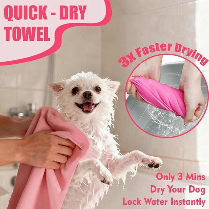 Cat Brush Towel 3pcs Grooming Kit - Bath Brush for Long-Haired Cats, Cat Brush for Indoor Cats with Flea Comb, Pink