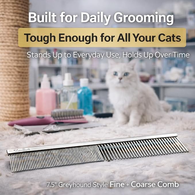 Warren London Cool Cat Greyhound Style Comb – 7.5" Professional Copper Cat Grooming Comb with Fine & Coarse Teeth, Rounded Pins for Detangling/Sensitive Skin, Deshedding & Dematting